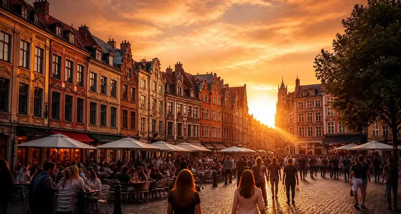 Rues animées du Vieux-Lille au coucher du soleil